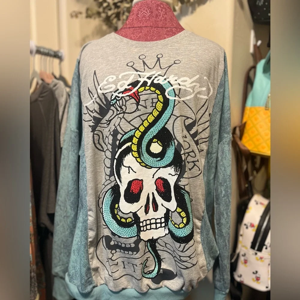 Upcycled Ed Hardy Graphic Long Sleeve Tee with Skull and Snake Design - Picture 1 of 5